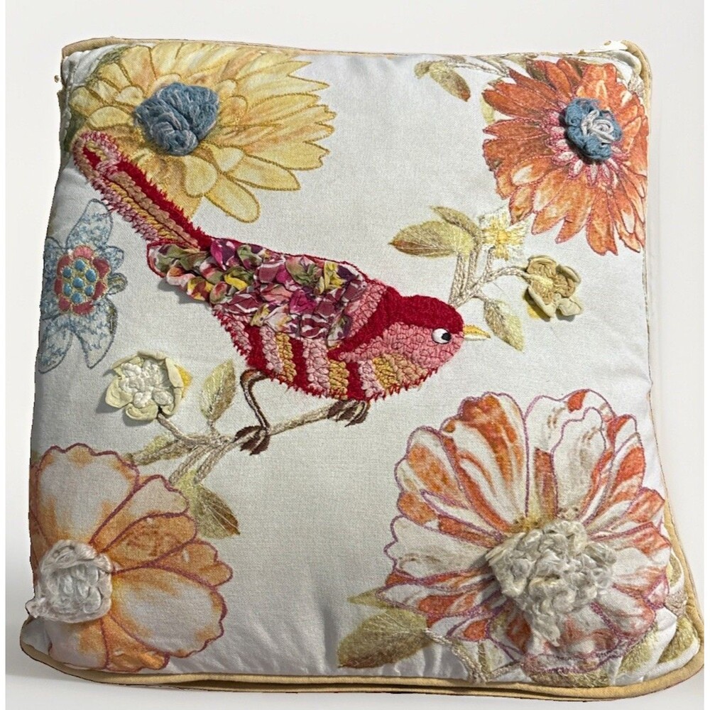 Pier 1 Imports Embroidered AppliquĂŠ Bird Floral Flower Throw Pillow Zip